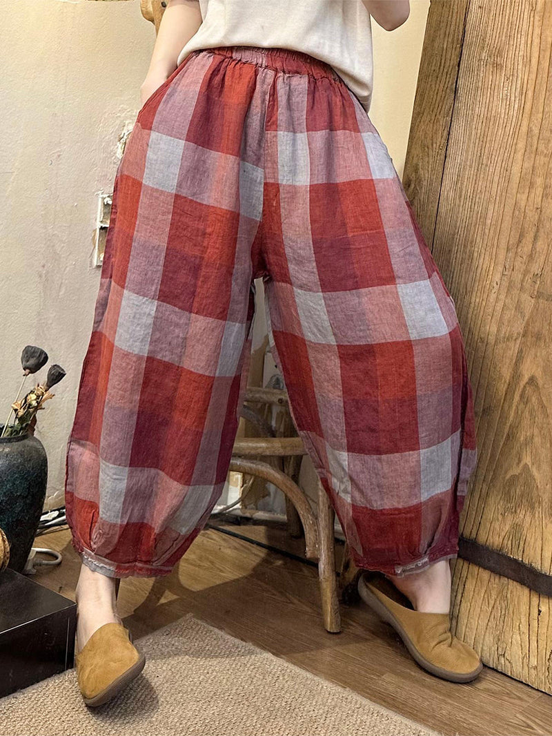 Summer Plaid Linen Harem Pants Oo1024