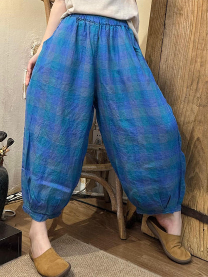 Summer Plaid Linen Harem Pants Oo1024