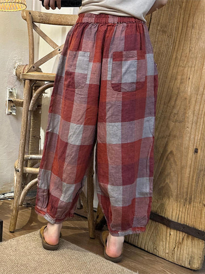 Summer Plaid Linen Harem Pants Oo1024
