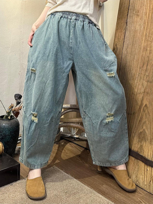 Summer Retro Frayed Denim Wide-leg Pants Oo1049