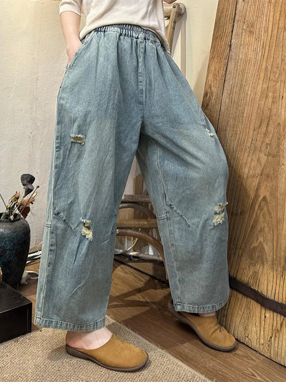 Summer Retro Frayed Denim Wide-leg Pants Oo1049