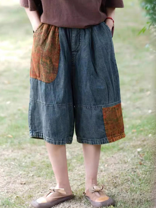 Summer Patch Spliced Denim Fifth Pants Pp1009