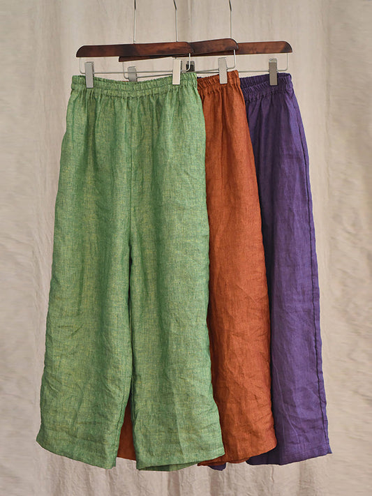 Summer 100% Linen Pure Color Straight Pants Hh027