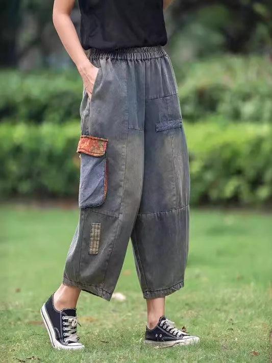 Patch Spliced Denim Harem Pants Hh006