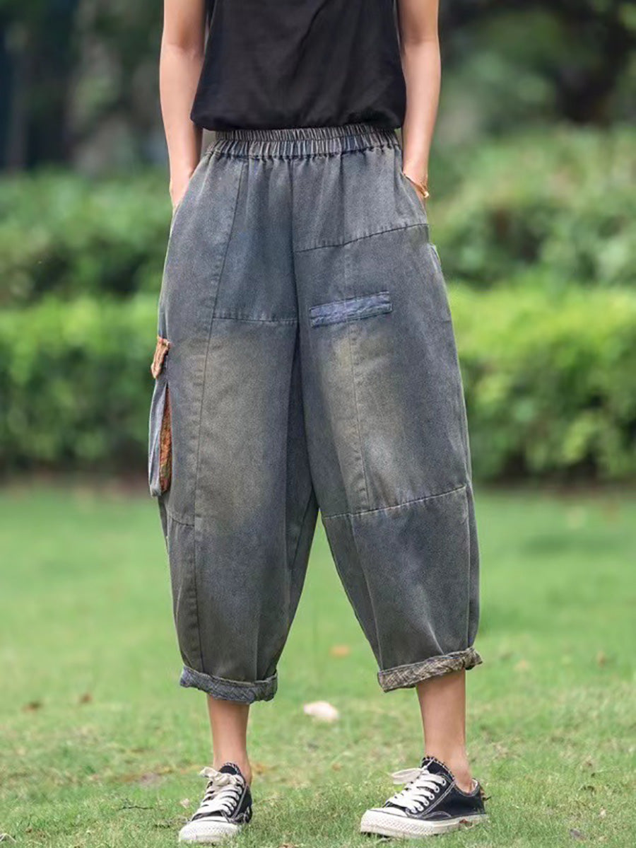 Patch Spliced Denim Harem Pants Hh006