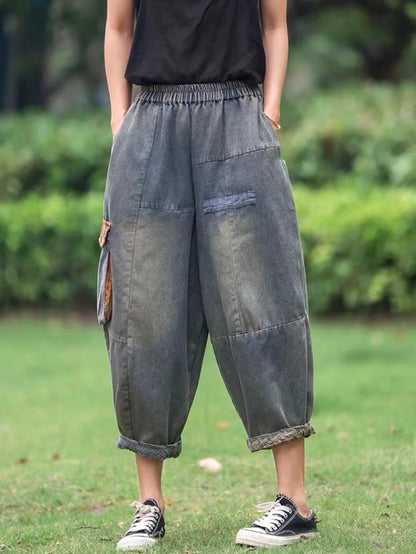 Patch Spliced Denim Harem Pants Hh006