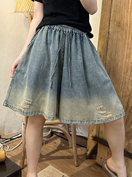 Summer Frayed Denim Fifth Pants Hh009