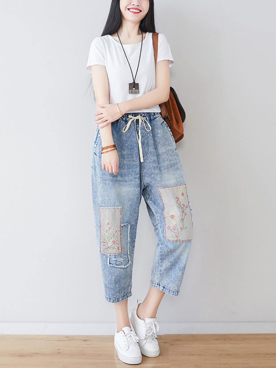 Summer Flower Patch Spliced Denim Pants Ll006