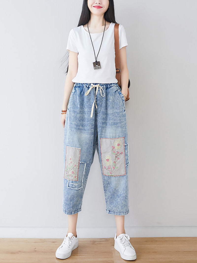 Summer Flower Patch Spliced Denim Pants Ll006