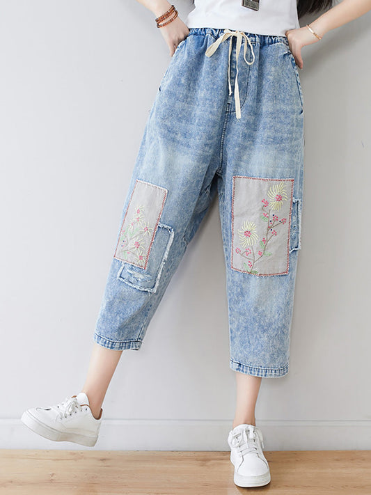 Summer Flower Patch Spliced Denim Pants Ll006