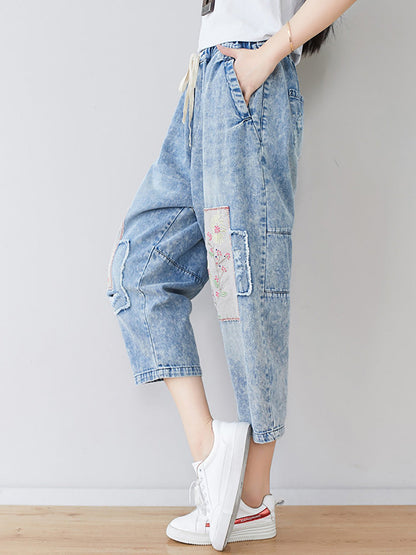 Summer Flower Patch Spliced Denim Pants Ll006