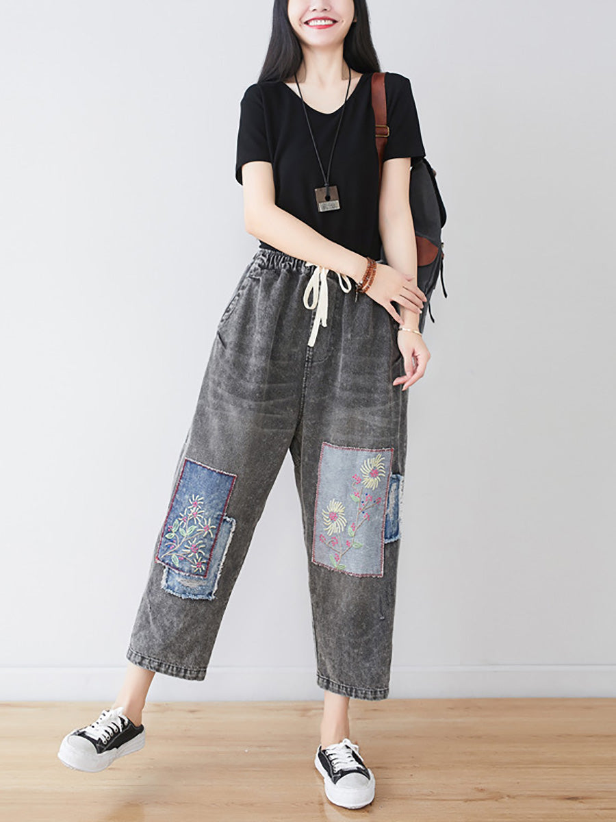 Summer Flower Patch Spliced Denim Pants Ll006
