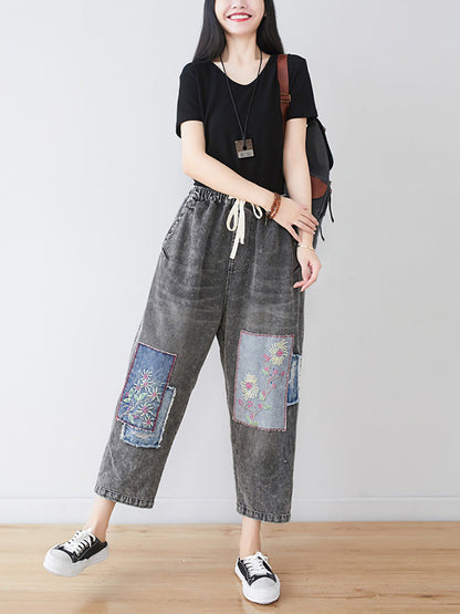 Summer Flower Patch Spliced Denim Pants Ll006