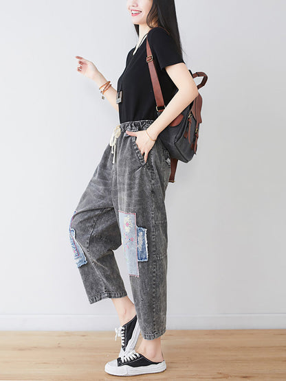 Summer Flower Patch Spliced Denim Pants Ll006