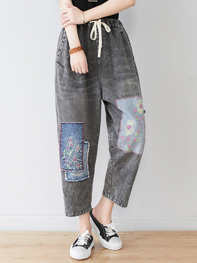 Summer Flower Patch Spliced Denim Pants Ll006