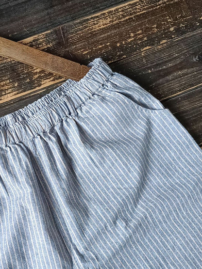 Summer Artsy Stripe Wide-leg Linen Cotton Pants Cc042