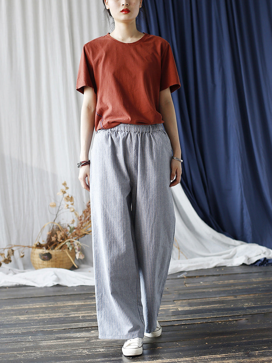 Summer Artsy Stripe Wide-leg Linen Cotton Pants Cc042