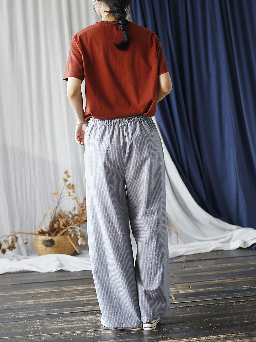 Summer Artsy Stripe Wide-leg Linen Cotton Pants Cc042