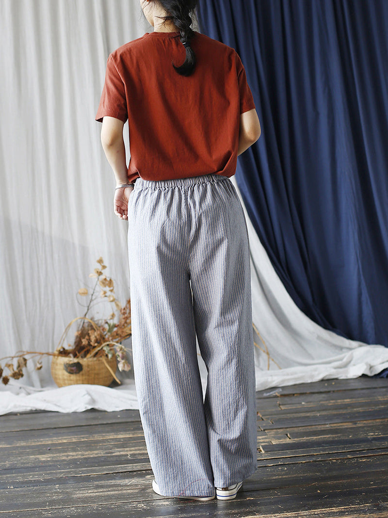 Summer Artsy Stripe Wide-leg Linen Cotton Pants Cc042