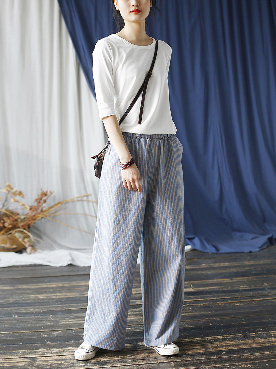 Summer Artsy Stripe Wide-leg Linen Cotton Pants Cc042