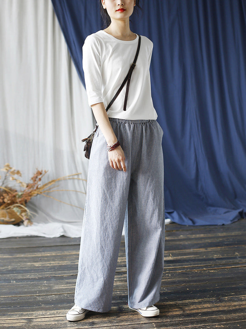 Summer Artsy Stripe Wide-leg Linen Cotton Pants Cc042