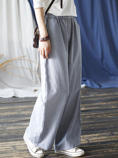 Summer Artsy Stripe Wide-leg Linen Cotton Pants Cc042