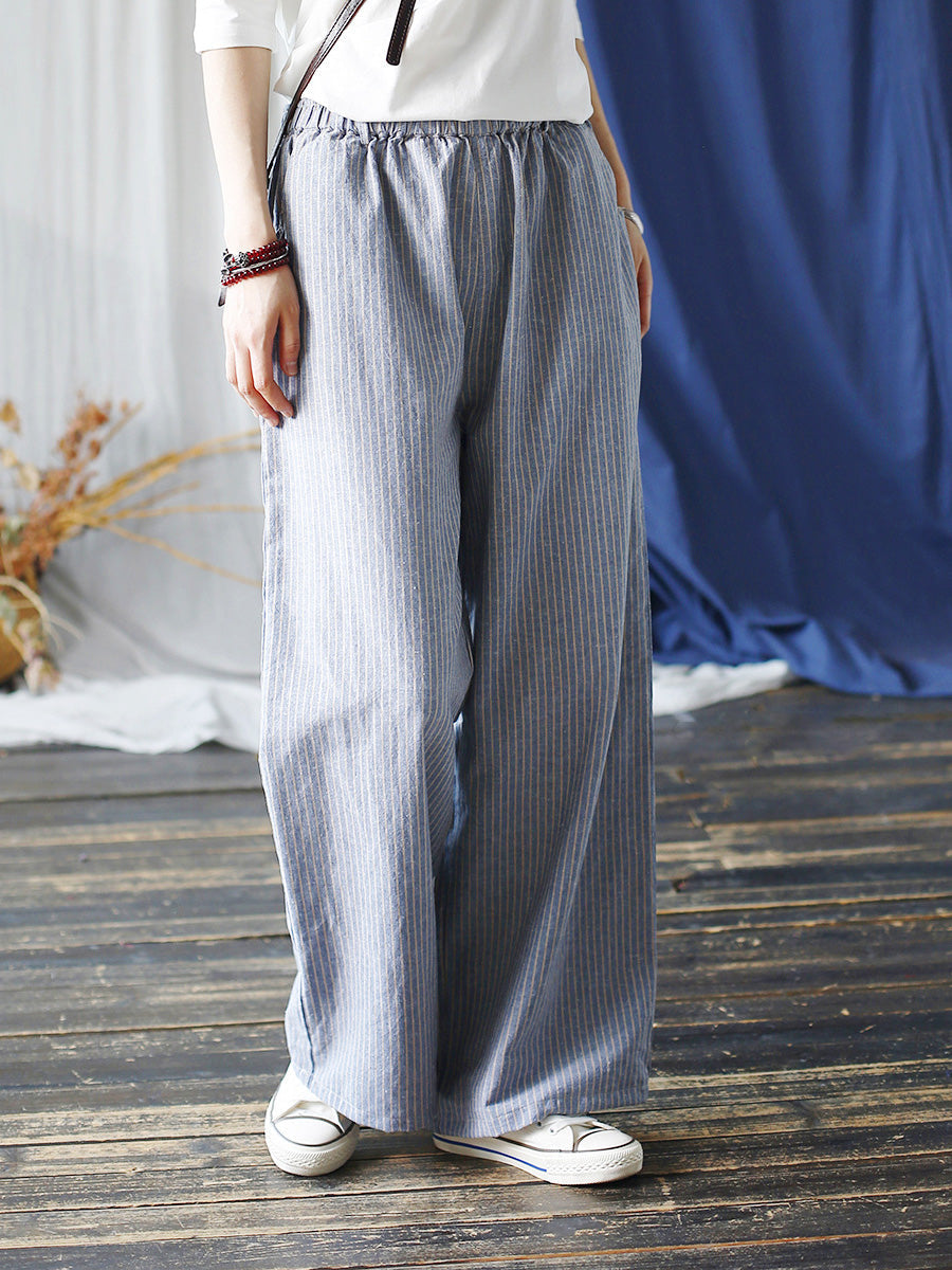 Summer Artsy Stripe Wide-leg Linen Cotton Pants Cc042