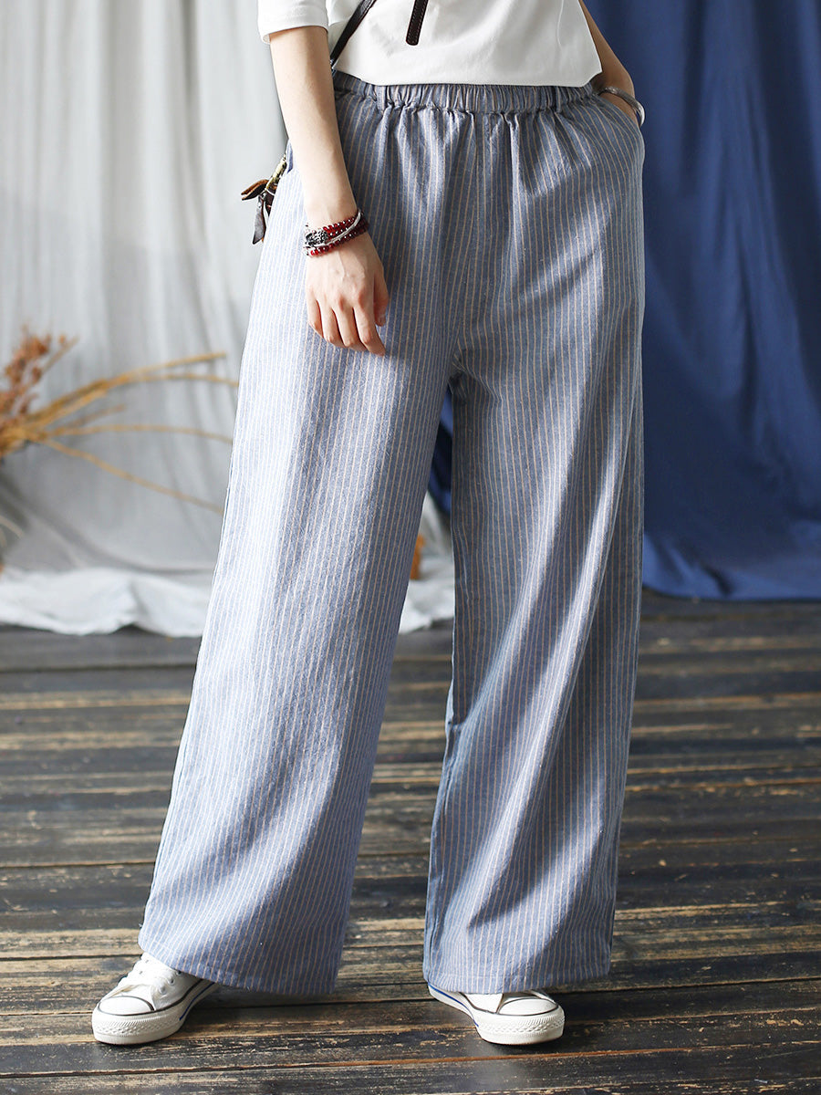 Summer Artsy Stripe Wide-leg Linen Cotton Pants Cc042