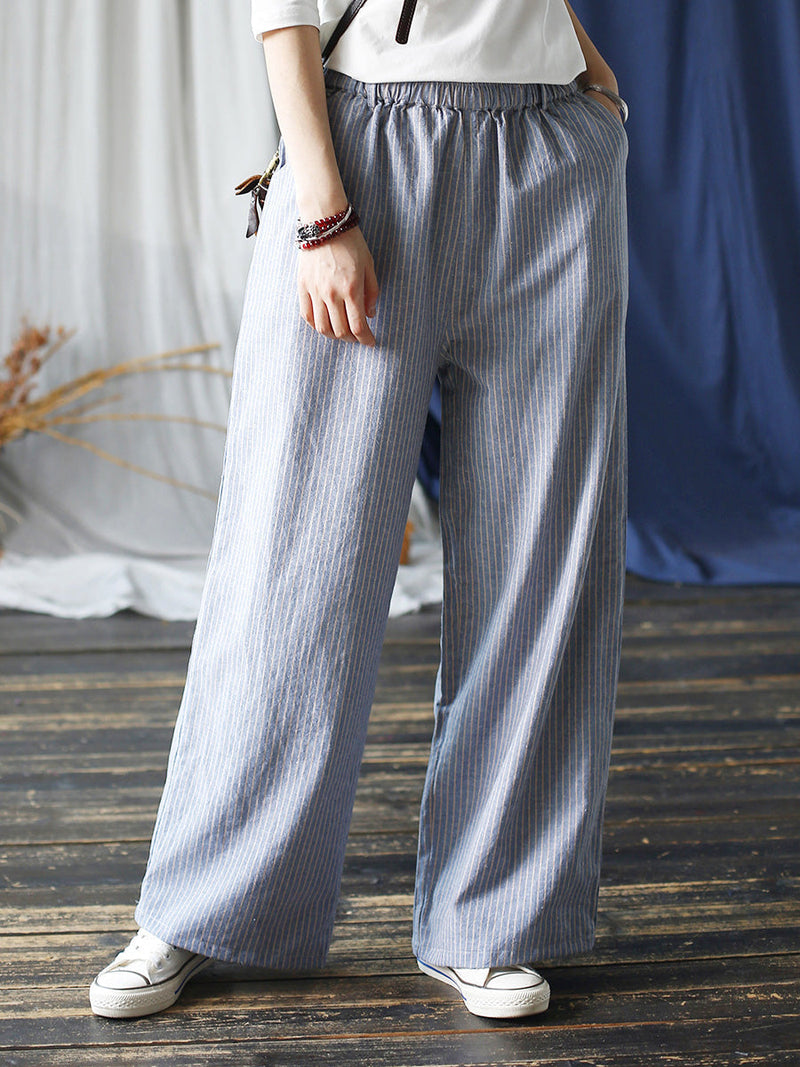 Summer Artsy Stripe Wide-leg Linen Cotton Pants Cc042