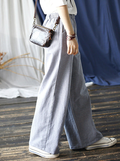 Summer Artsy Stripe Wide-leg Linen Cotton Pants Cc042