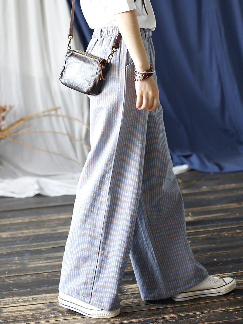 Summer Artsy Stripe Wide-leg Linen Cotton Pants Cc042