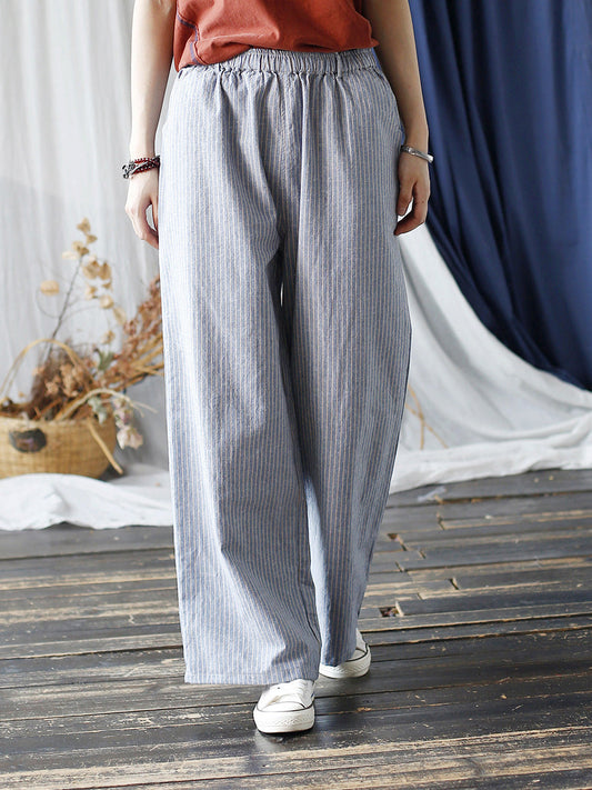 Summer Artsy Stripe Wide-leg Linen Cotton Pants Cc042