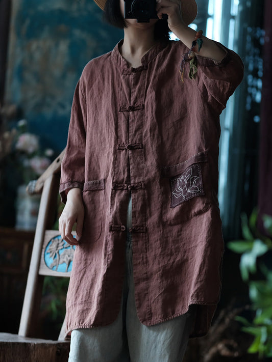 Summer Button-up Embroidery Linen Shirt Coat Cc021