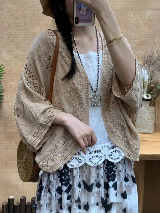 Summer Artsy Flower Embroidery Cotton Shirt Coat Cx027