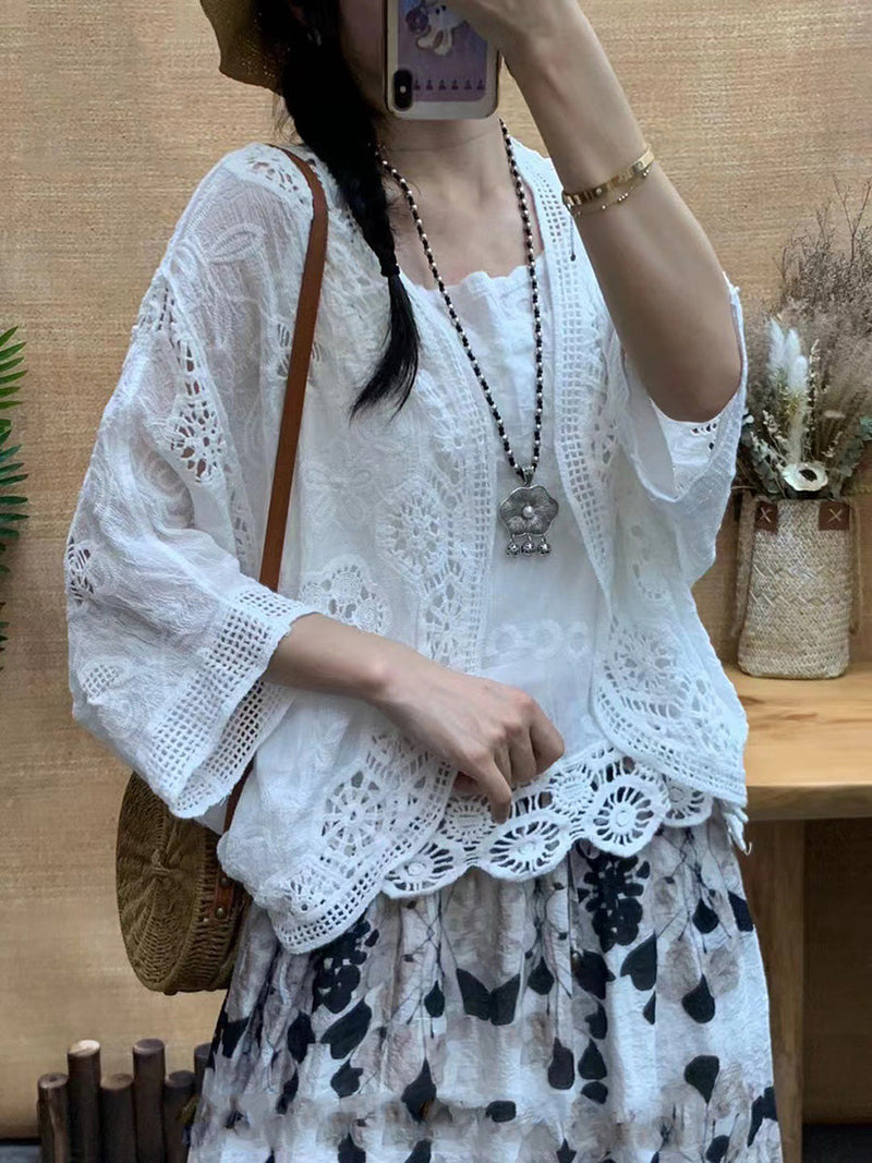 Summer Artsy Flower Embroidery Cotton Shirt Coat Cx027