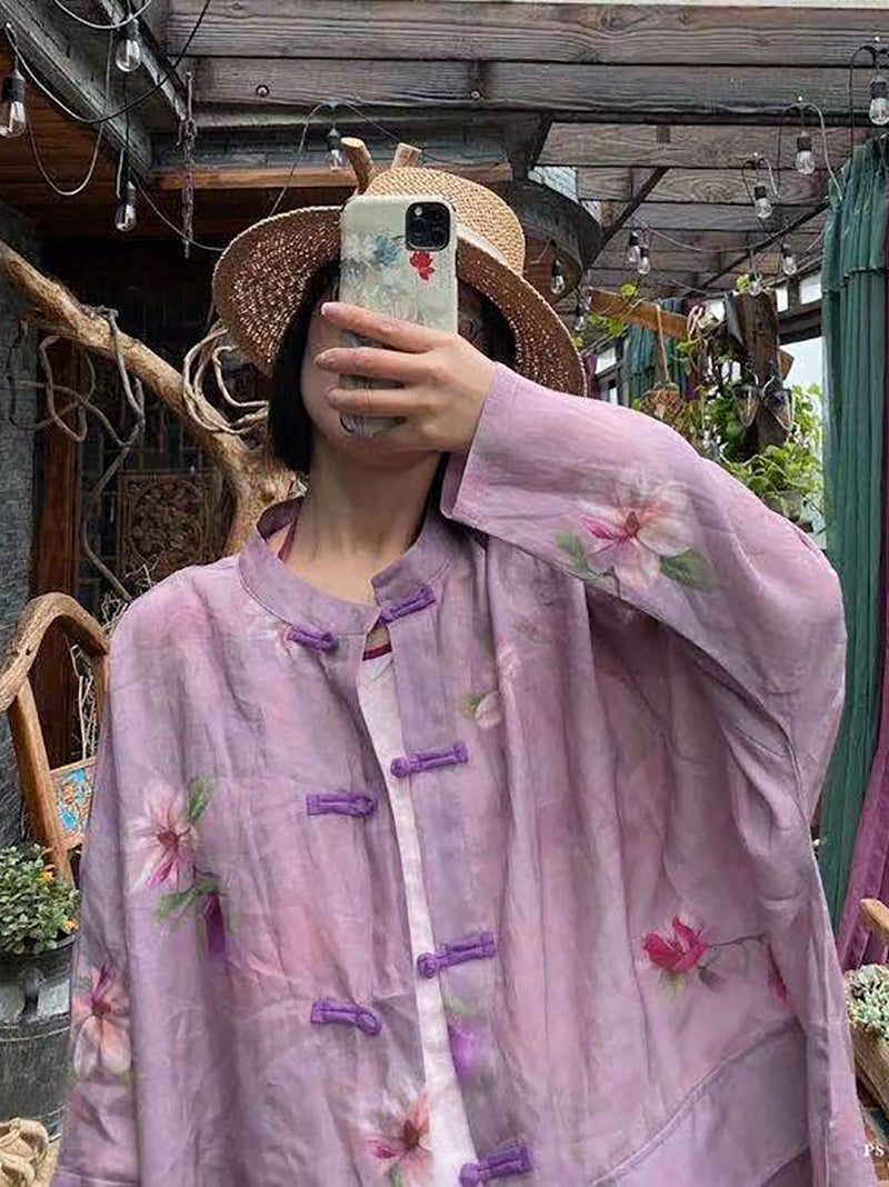 Summer Flower Button-up Ramie Shirt Coat Fd008