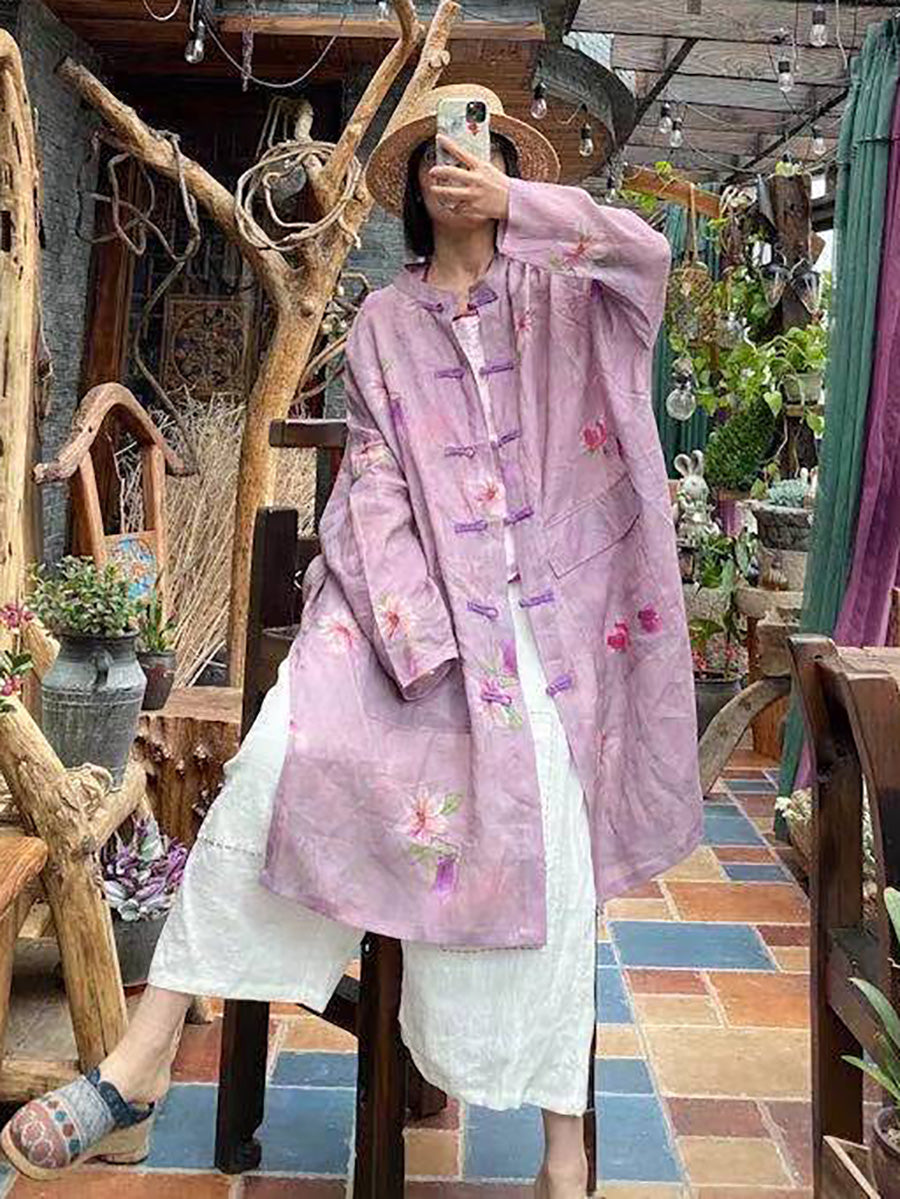 Summer Flower Button-up Ramie Shirt Coat Fd008