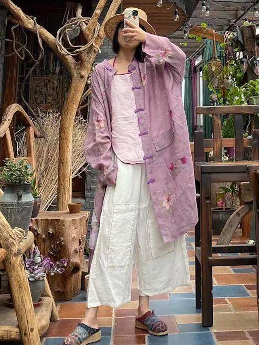 Summer Flower Button-up Ramie Shirt Coat Fd008