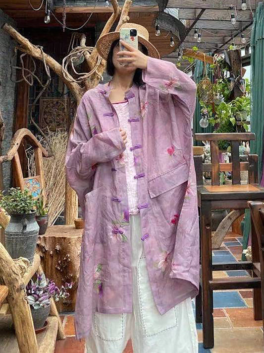 Summer Flower Button-up Ramie Shirt Coat Fd008