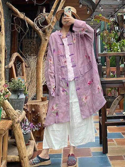 Summer Flower Button-up Ramie Shirt Coat Fd008