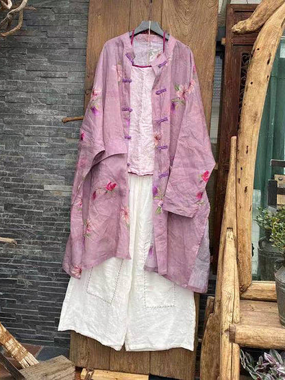 Summer Flower Button-up Ramie Shirt Coat Fd008