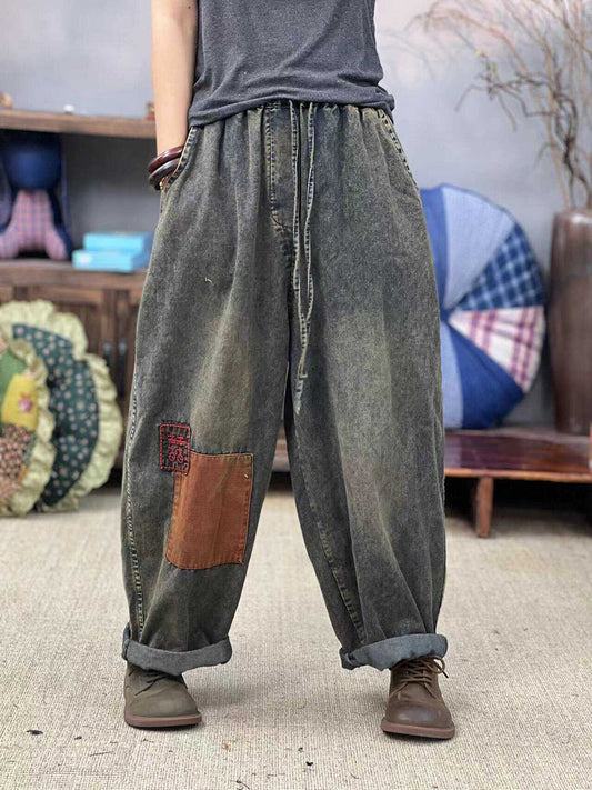 Summer Retro Patch Spliced Denim Harem Pants Fd047