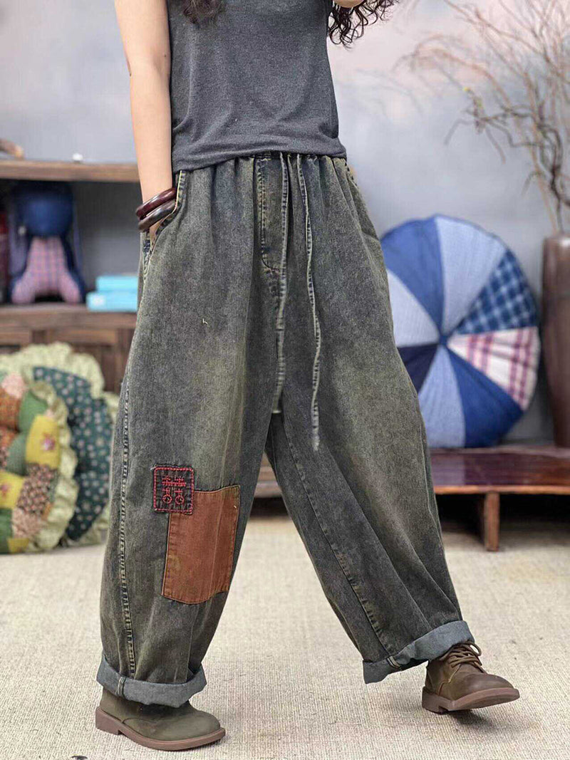 Summer Retro Patch Spliced Denim Harem Pants Fd047
