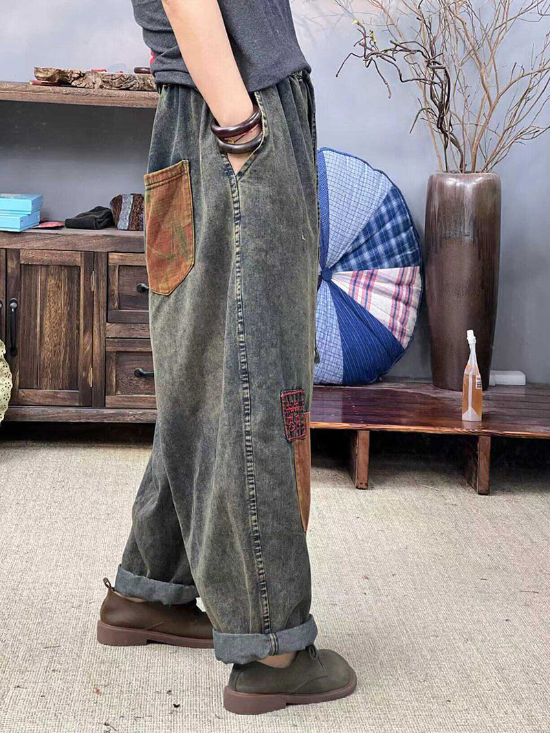 Summer Retro Patch Spliced Denim Harem Pants Fd047