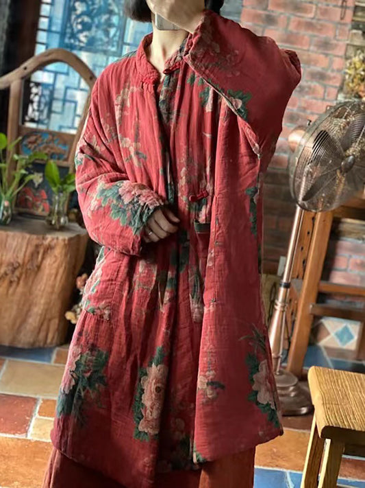 Autum Flower Loose Cotton Coat Fd057