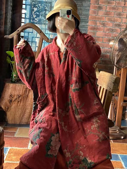 Autum Flower Loose Cotton Coat Fd057
