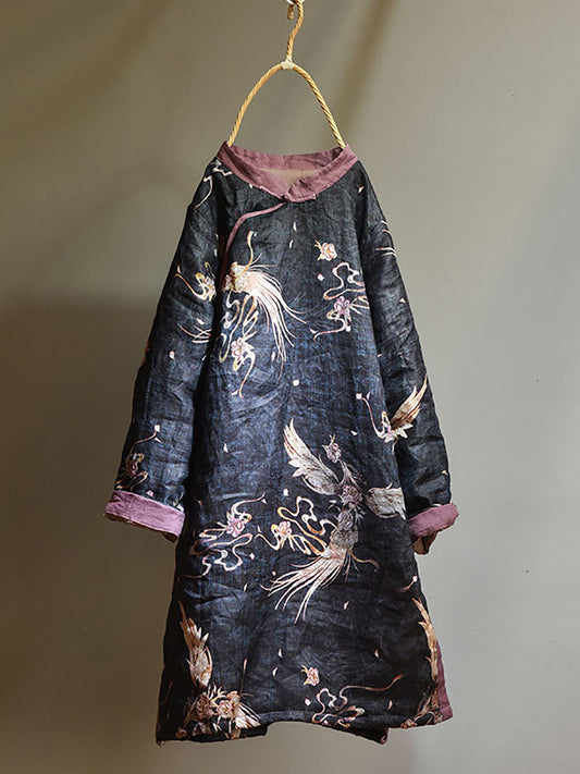 Winter Retro Thick Print 100%ramie Coat Av1046