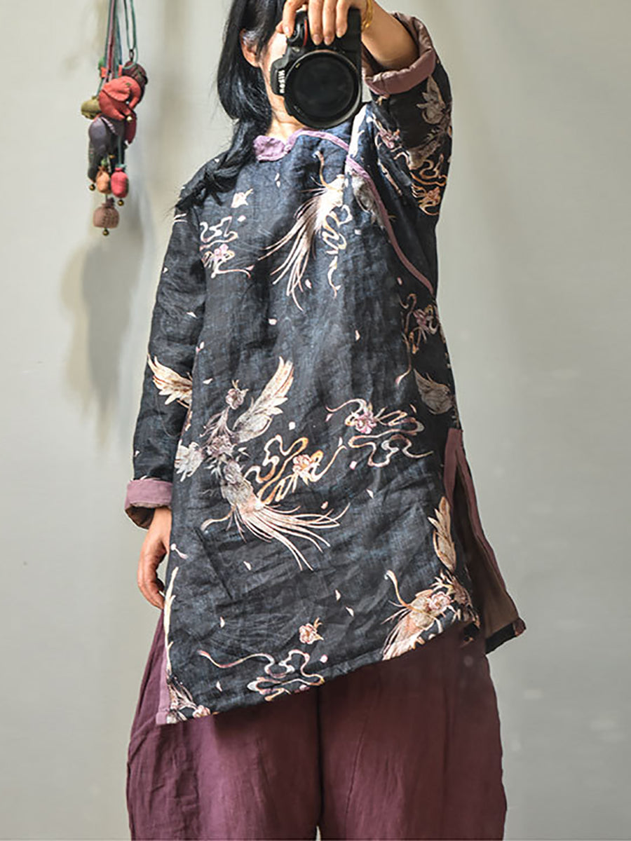 Winter Retro Thick Print 100%ramie Coat Av1046