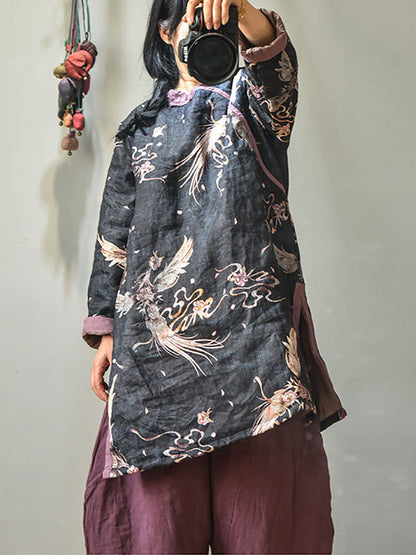 Winter Retro Thick Print 100%ramie Coat Av1046