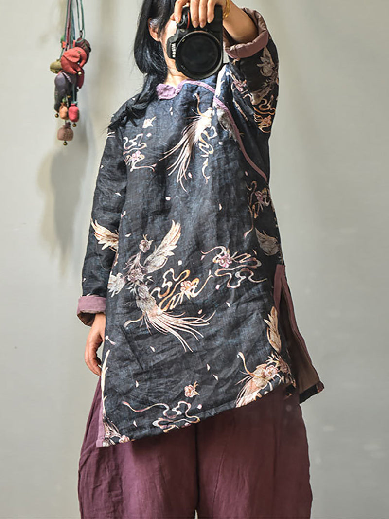 Winter Retro Thick Print 100%ramie Coat Av1046